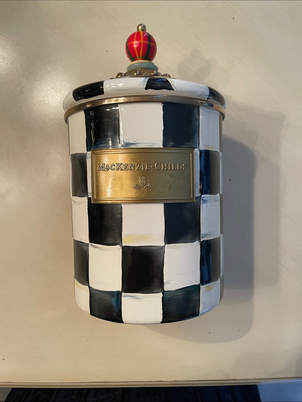 MacKenzie-Childs Black & White Courtly Check Canister with Red Striped Finial